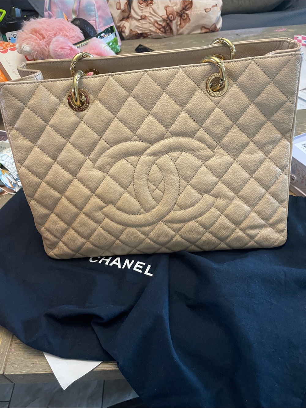 CHANEL Beige Quilted CC Logo Tote with Gold Hardware